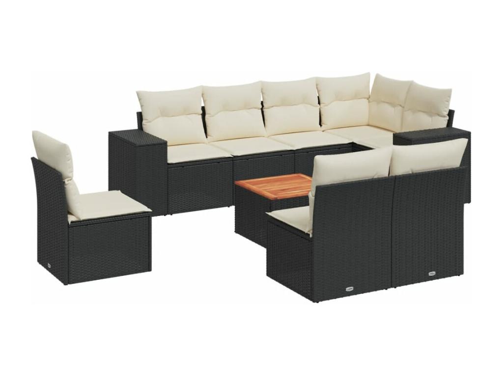 Set di mobili da esterno in resina intrecciata nera da 9 pezzi con cuscini