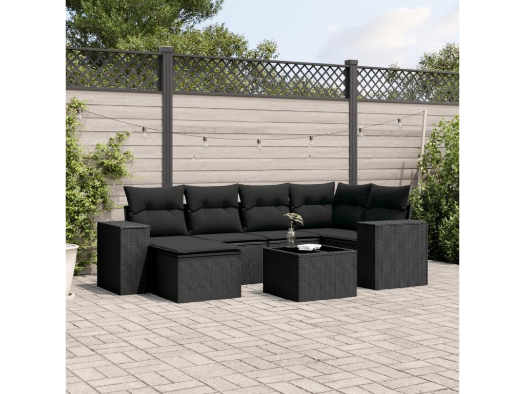 Set di mobili da esterno in resina intrecciata nera da 7 pezzi con cuscini