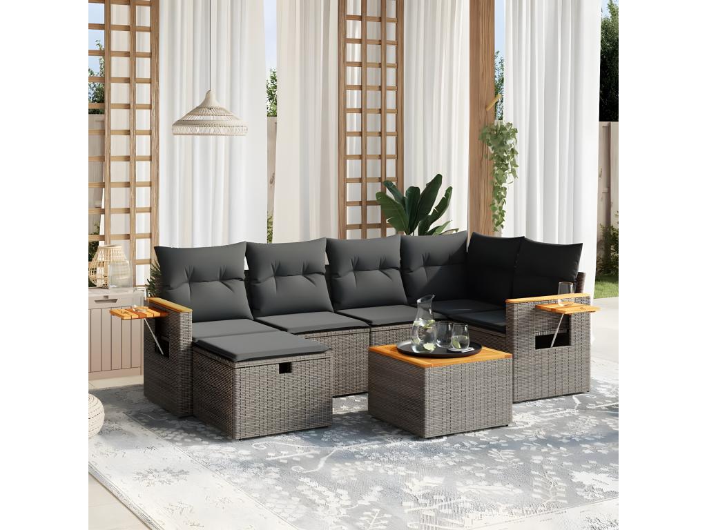 Set di mobili da esterno in resina intrecciata grigia da 7 pezzi con cuscini