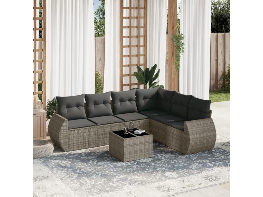 Set di mobili da esterno in resina intrecciata grigia da 7 pezzi con cuscini