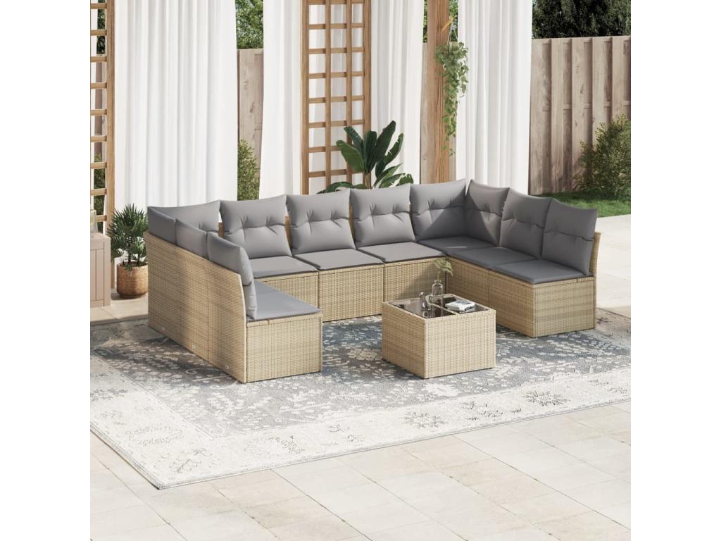 Set di mobili da esterno in resina intrecciata beige da 10 pezzi con cuscini