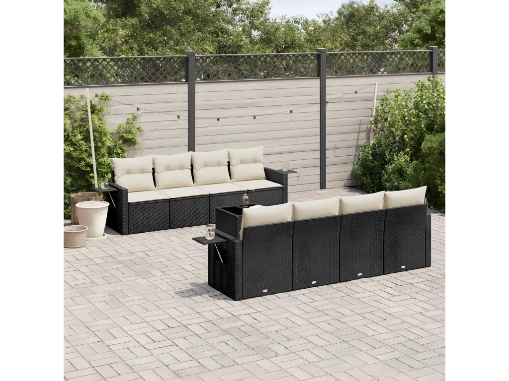 Set di mobili da esterno in resina intrecciata nera da 9 pezzi con cuscini