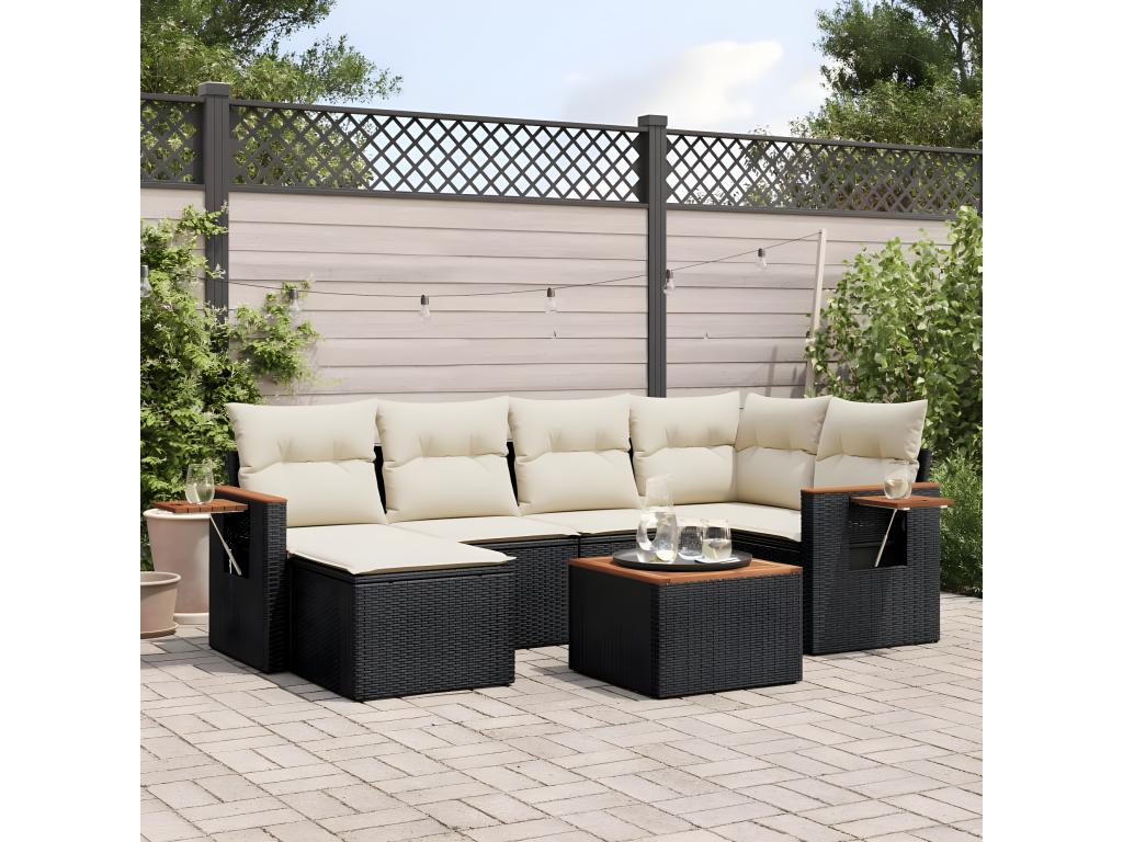 Set di mobili da esterno in resina intrecciata nera da 7 pezzi con cuscini