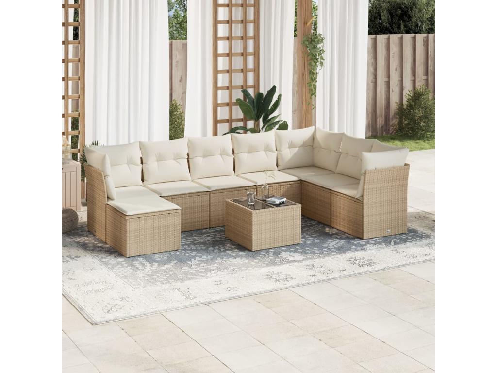 Set di mobili da esterno in resina intrecciata beige da 9 pezzi con cuscini
