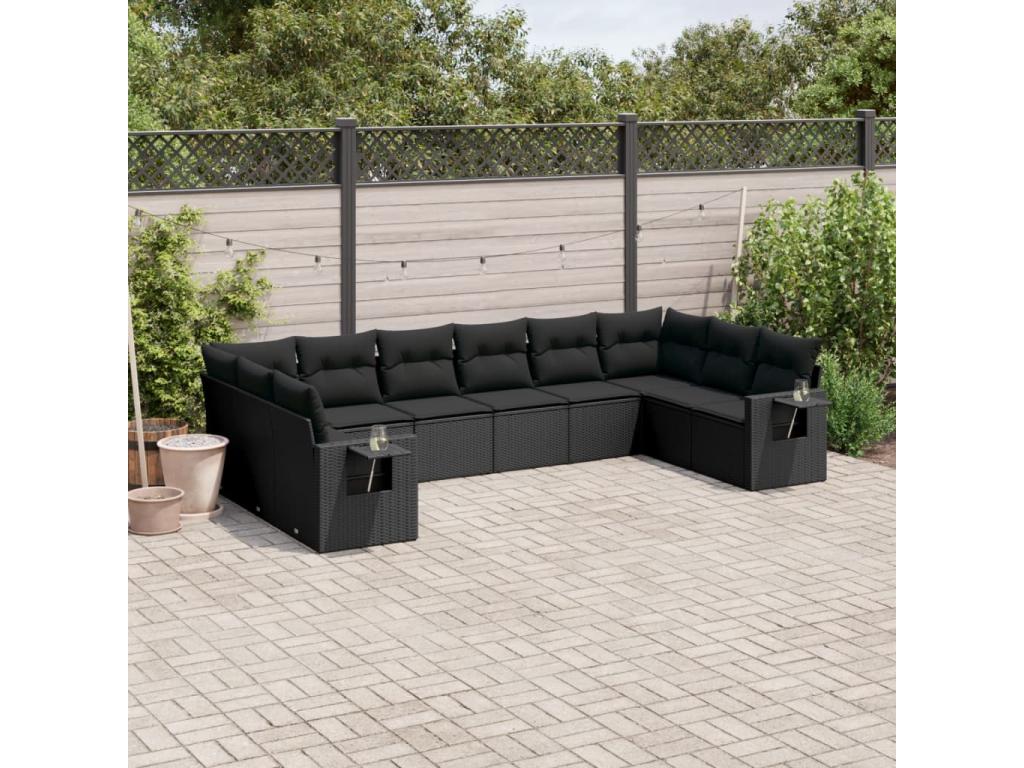 Set di mobili da esterno in resina intrecciata nera da 10 pezzi con cuscini