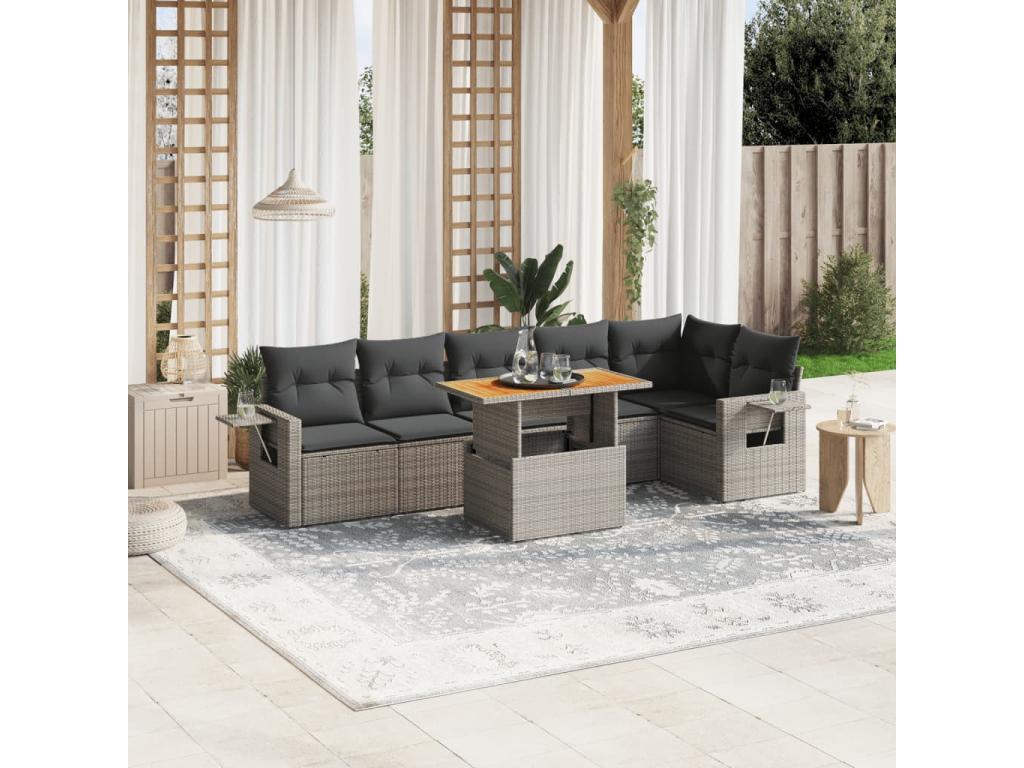 Set di mobili da esterno in resina intrecciata grigia da 7 pezzi con cuscini
