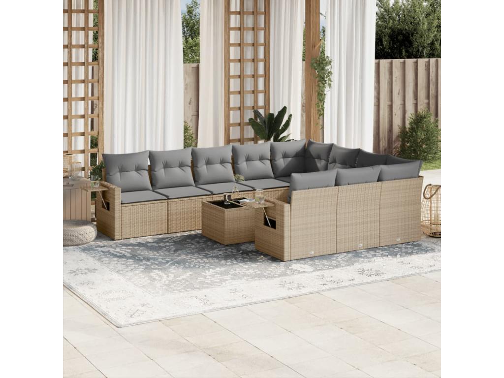 Set di mobili da esterno in resina intrecciata beige da 11 pezzi con cuscini