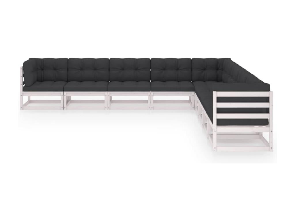 Set di mobili da esterno in legno massello di pino bianco da 9 pezzi con cuscini