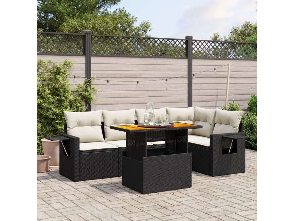 Set di mobili da esterno in resina intrecciata nera da 6 pezzi con cuscini