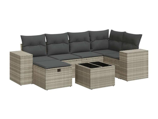 Set di mobili da esterno in resina intrecciata grigia da 7 pezzi con cuscini