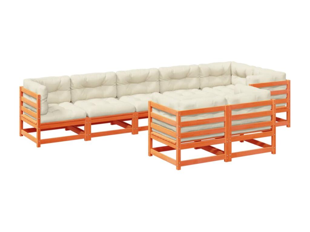 Set di mobili da esterno in legno massello di pino marrone da 8 pezzi con cuscini