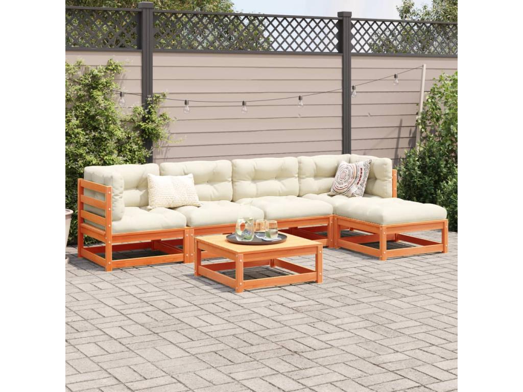 Set di mobili da esterno in legno massello di pino marrone da 6 pezzi con cuscini