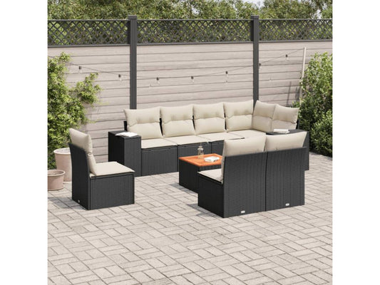 Set di mobili da esterno in resina intrecciata nera da 9 pezzi con cuscini