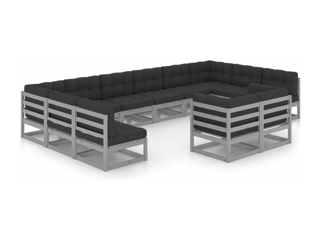 Set di mobili da esterno in legno massello di pino grigio da 12 pezzi con cuscini