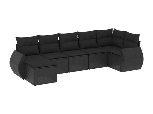 Set di mobili da esterno in resina intrecciata nera da 7 pezzi con cuscini