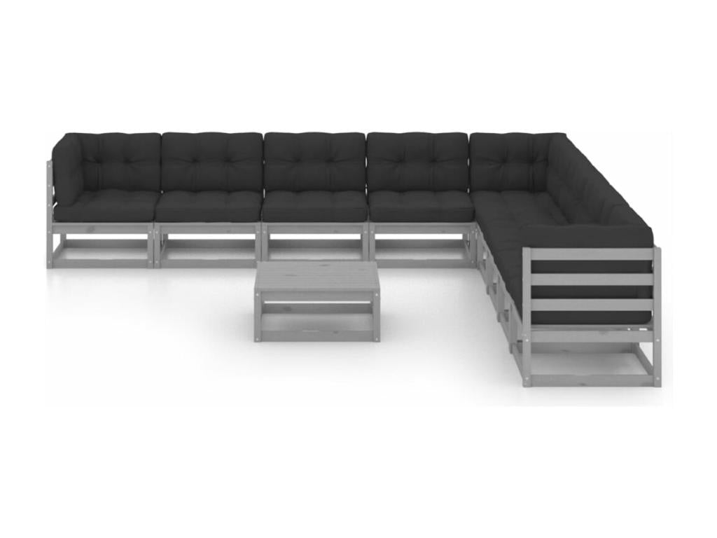 Set di mobili da esterno in legno massello di pino grigio da 10 pezzi con cuscini