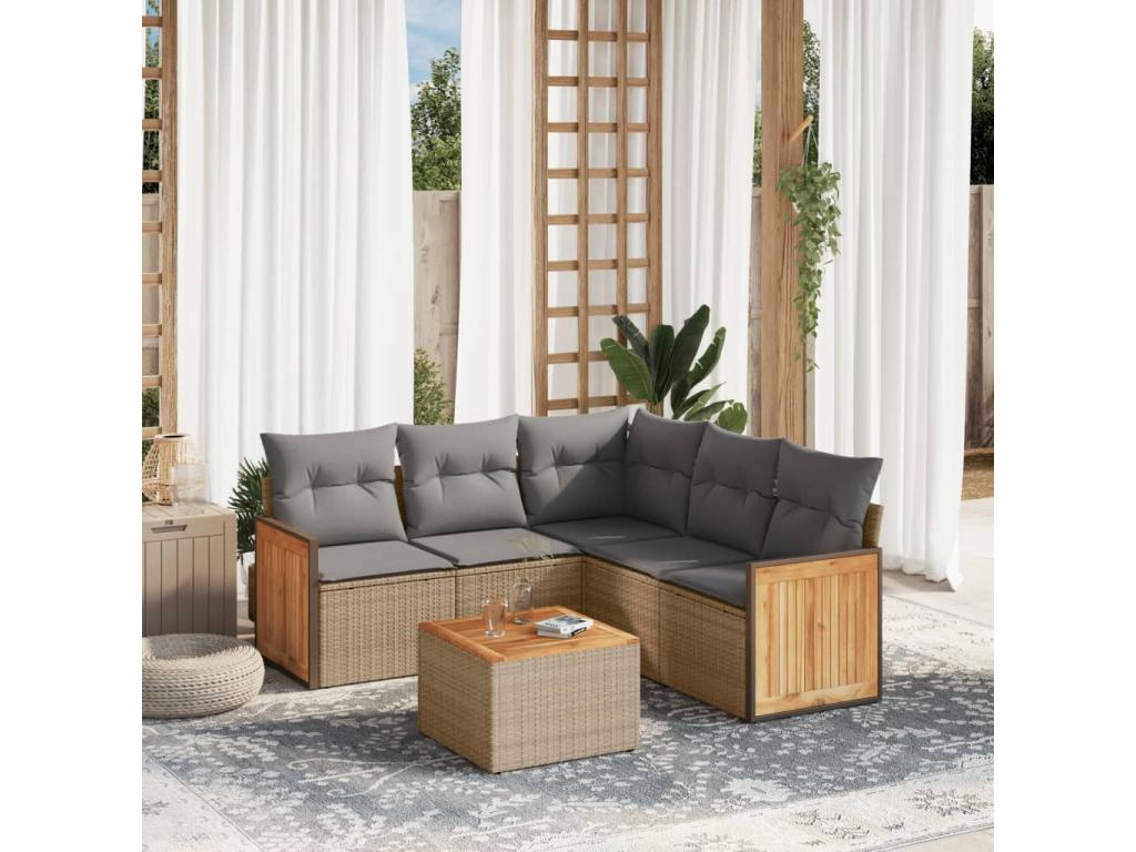 Set di mobili da esterno in resina intrecciata beige da 6 pezzi con cuscini