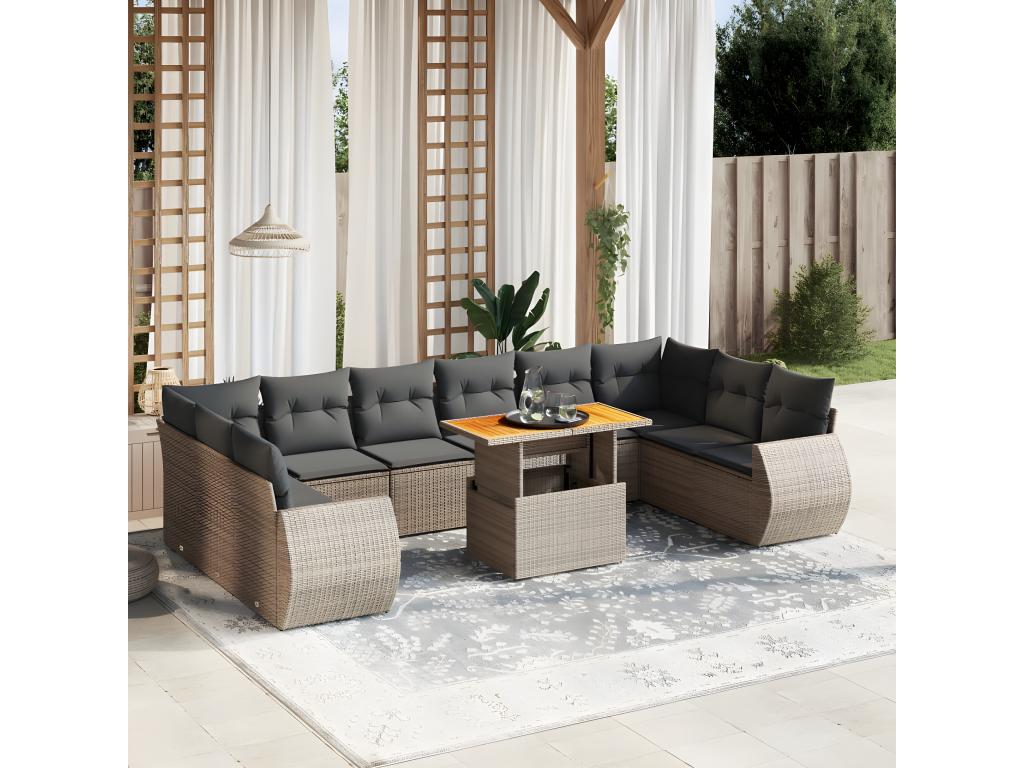 Set di mobili da esterno in resina intrecciata grigia da 11 pezzi con cuscini
