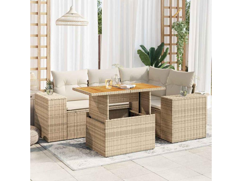 Set di mobili da esterno in resina intrecciata beige da 5 pezzi con cuscini