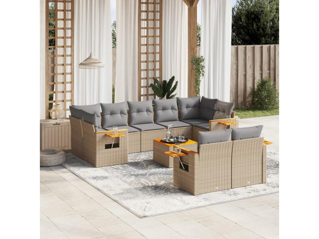 Set di mobili da esterno in resina intrecciata beige da 10 pezzi con cuscini