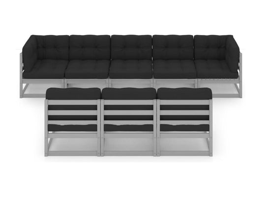 Set di mobili da esterno in legno massello di pino grigio da 8 pezzi con cuscini