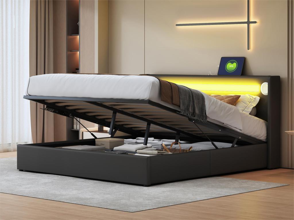 Base per letto imbottita in similpelle nera con LED, 160 x 200 cm