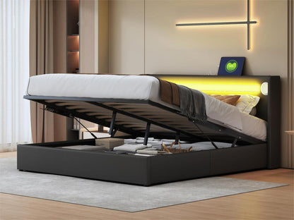 Base per letto imbottita in similpelle nera con LED, 160 x 200 cm