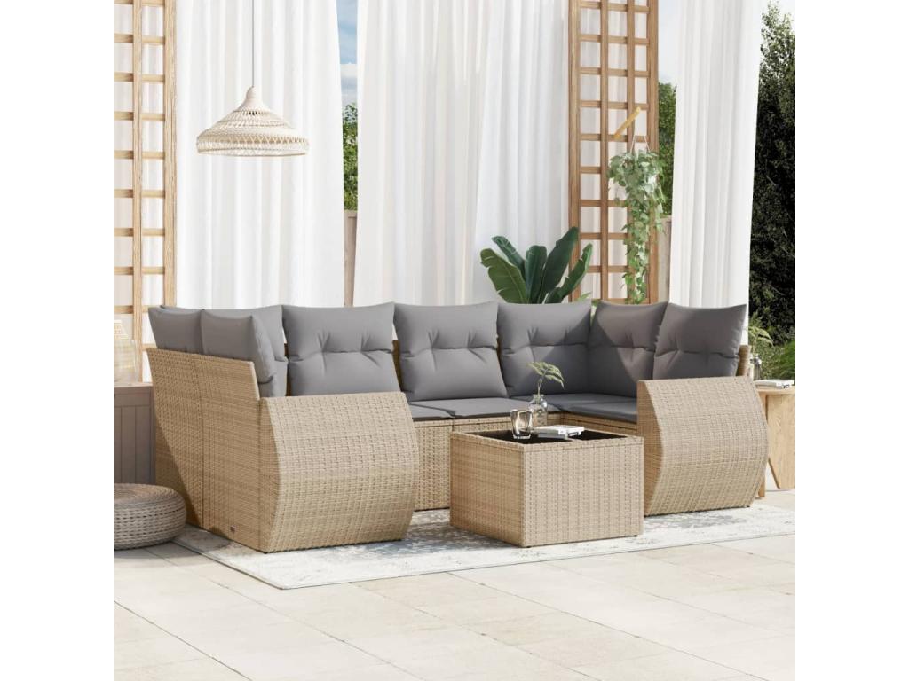 Set di mobili da esterno in resina intrecciata beige da 7 pezzi con cuscini