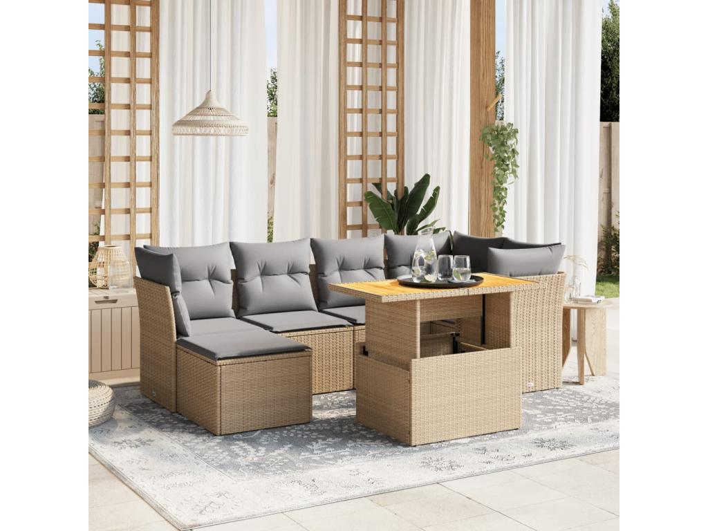 Set di mobili da esterno in resina intrecciata beige da 7 pezzi con cuscini