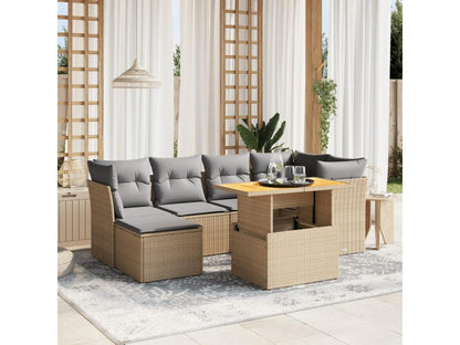 Set di mobili da esterno in resina intrecciata beige da 7 pezzi con cuscini