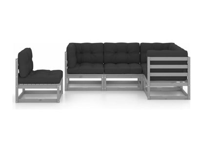 Set di mobili da esterno in legno massello di pino grigio da 5 pezzi con cuscini